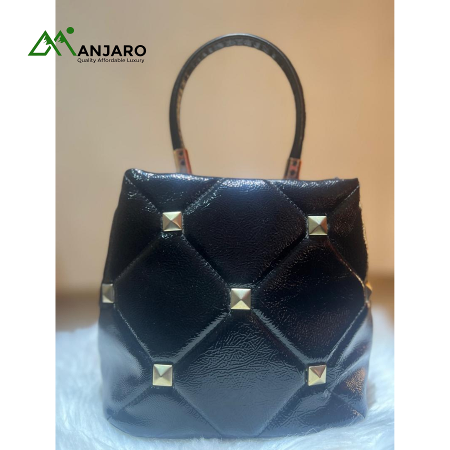 Black Patent Quilted Studded Top Handle Bag – Chic & Edgy Statement Handbag