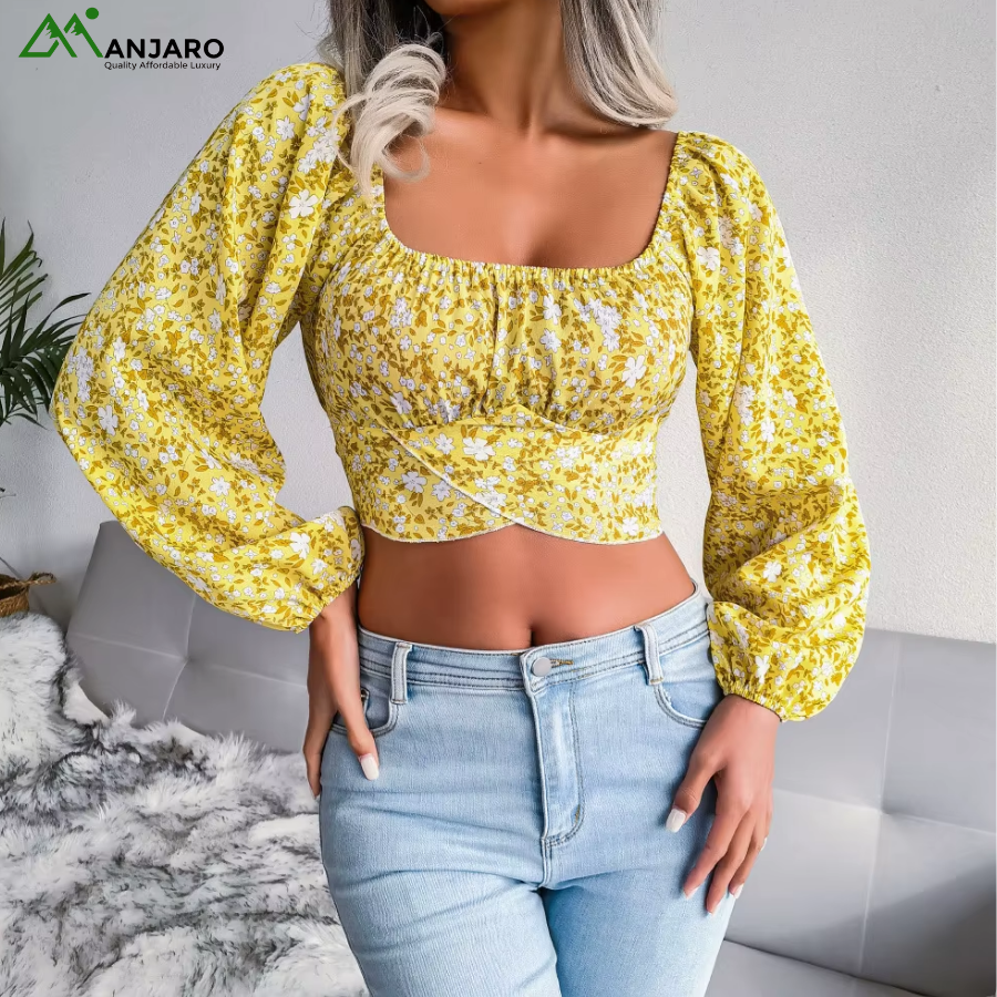 D&M Women’s Floral Chiffon Tank Top – Lantern Sleeves Bow Detail Casual Short Top