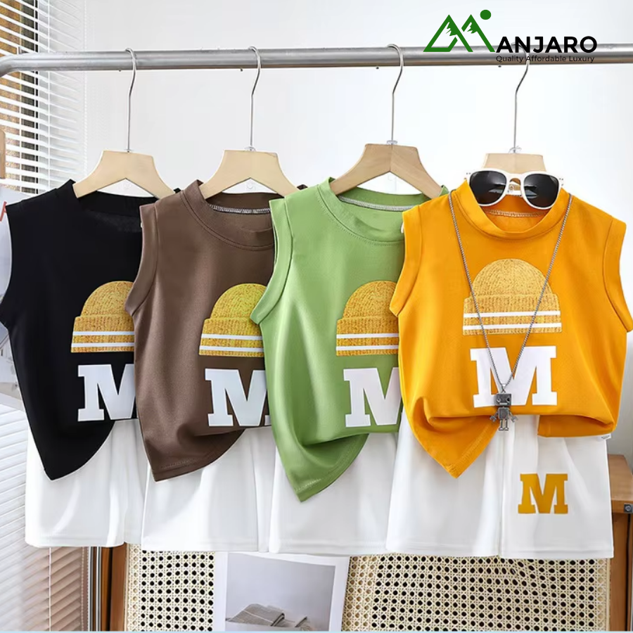 Children’s Unisex Summer Vest Set – Sleeveless Cartoon Shirt & Shorts Smart Casual Two-Piece Outfit (shipping fee included)