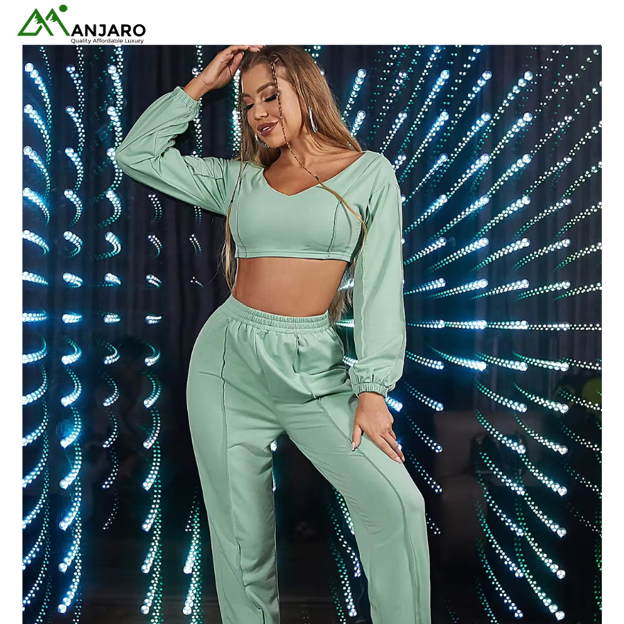 D&M Women's Trendy Crop Top Pants Set – Full-Length O-Neck Jogger Two-Piece, Quick-Dry & Breathable – Autumn Wear(Shipping Fee Included)