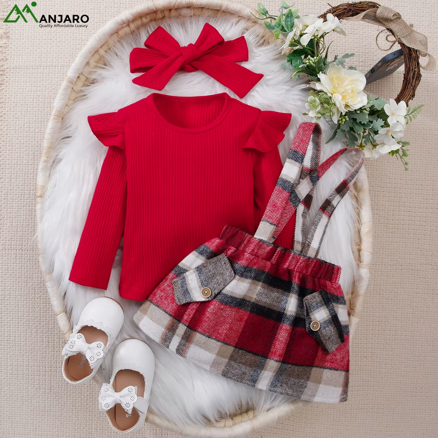 Spring & Autumn Knitted Top + Checkered Skirt Set for Girls – Formal 2-Piece Outfit | Breathable Cotton-Poly, Stylish & Comfortable(Shipping Fee Included)