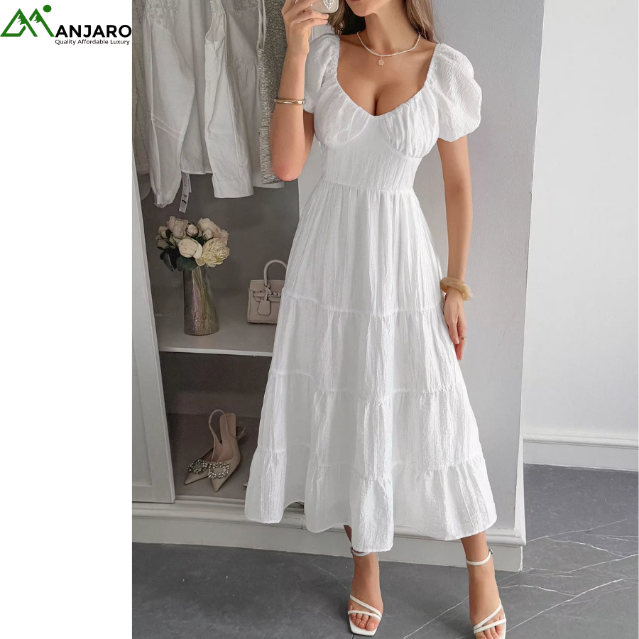 D&M Custom Summer Backless Puff Sleeve Dress – Elegant A-Line Midi Casual Long Dress for Women