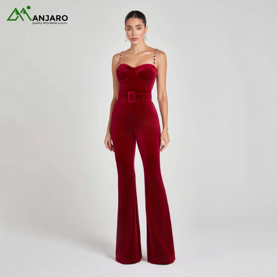 D&M Women’s Celebrity Summer Velvet Sleeveless Jumpsuit – High Waist Wide Leg with Belt Decoration(Shipping Fee Included)