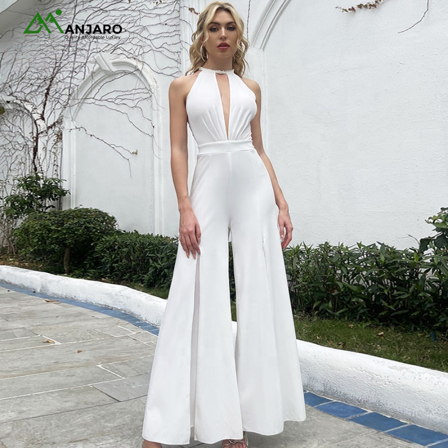 D&M Women’s White Pearl Halter Backless Cut-Out Lace Jumpsuit – Thigh Slit, Wide Leg, Sexy & Elegant(Shipping Fe Included)