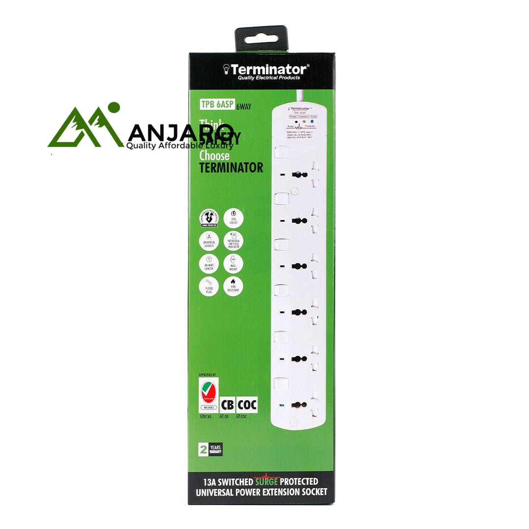 Terminator 6 Way Universal Power Extension Socket with Surge Protection & 3M Cable