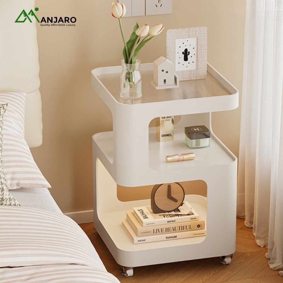 Iron Side Table with Tempered Glass – Light Luxury Movable Sofa Side Cabinet + Sensor Light Strip & Swivel Wheels (Upgraded Model)