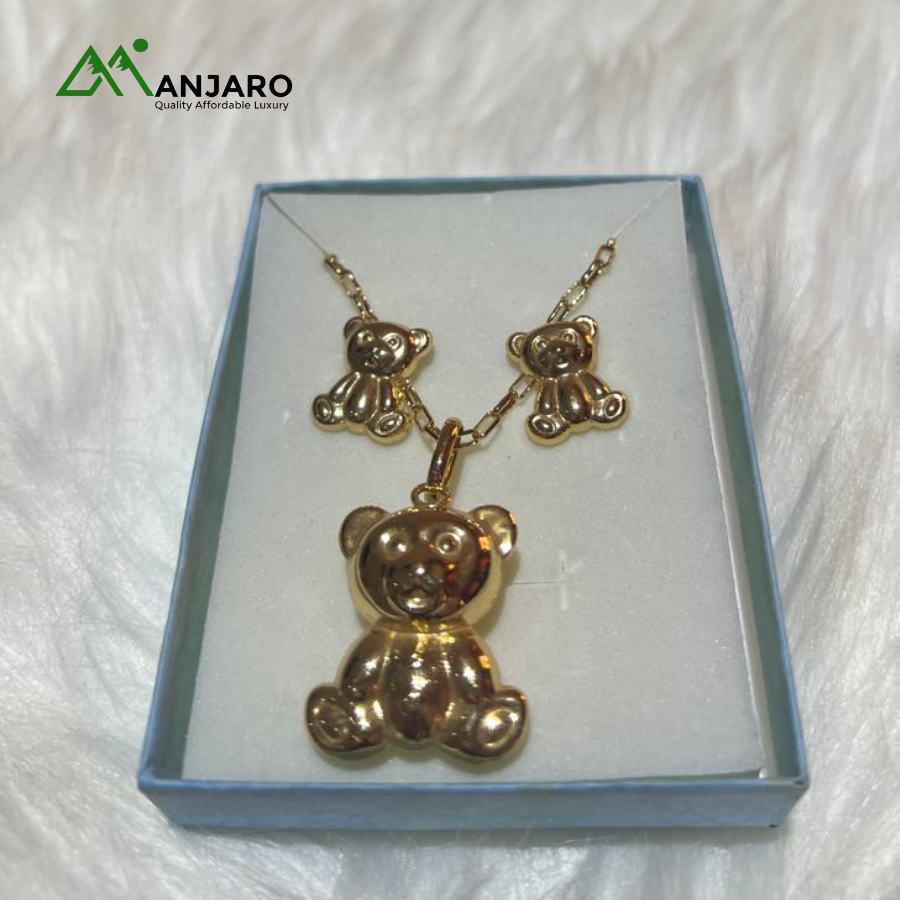Gold-Tone Teddy Bear Necklace & Earring Set – Cute & Stylish Jewelry Duo for Women