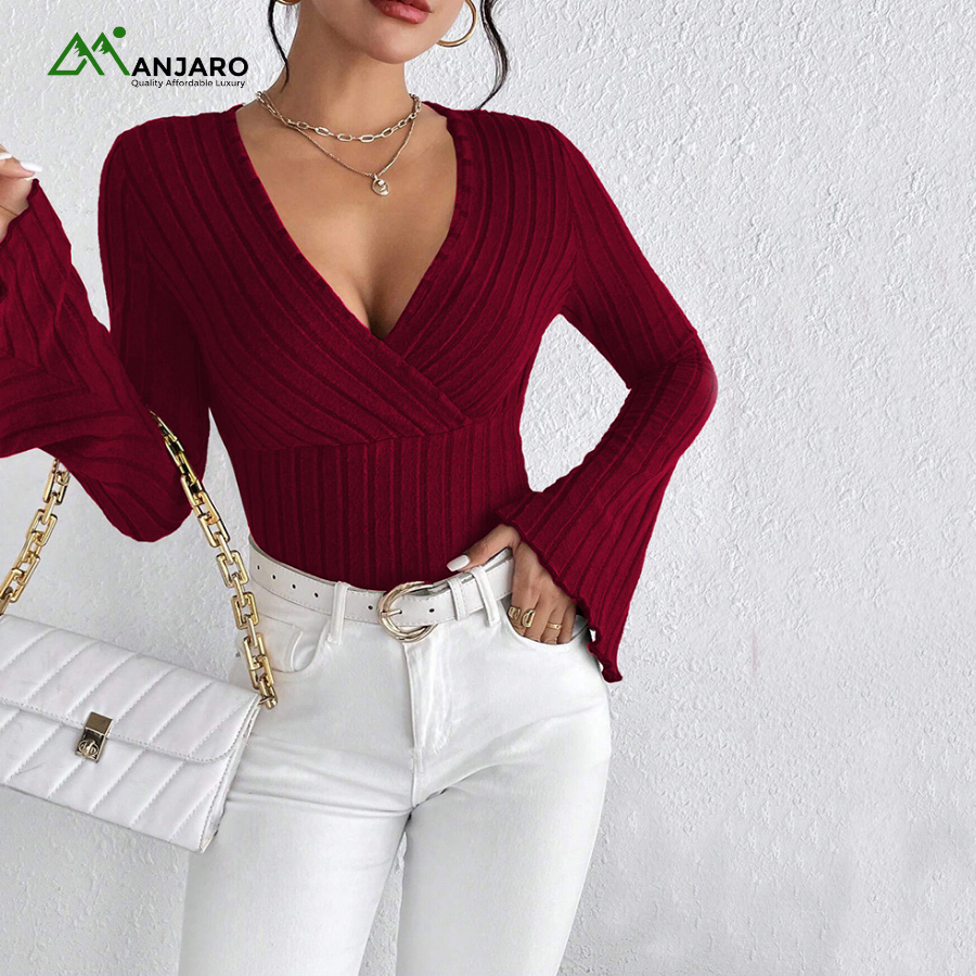 D&M Women’s Wine Red V-Neck Long Trumpet Sleeve T-Shirt – Slim Casual Autumn/Winter Top