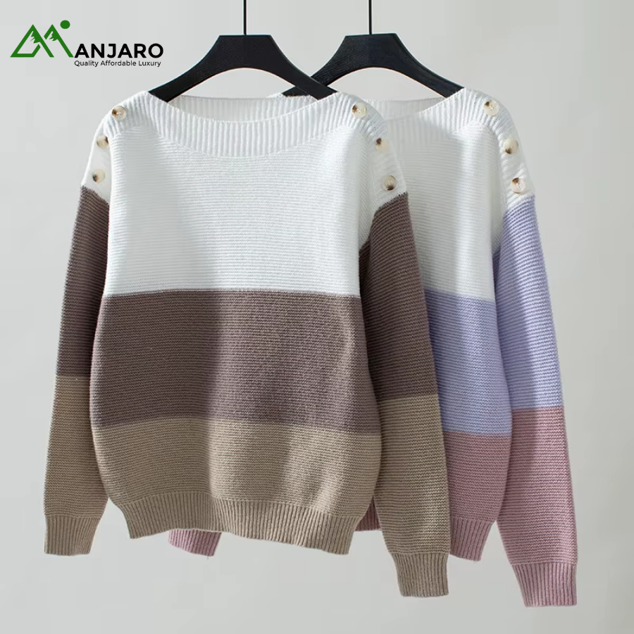 D&M Women’s Long Loose Striped Pullover – Casual Contrast Knitted Sweater with Drop Shoulder & Tie Detail