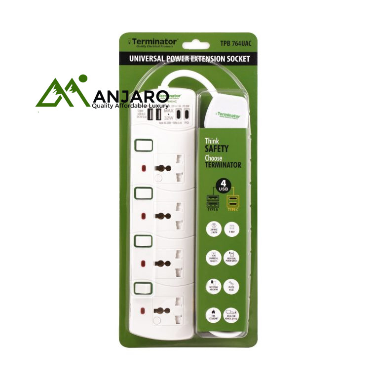 Terminator Extension Lead TPB 764UAC-3M – 4 Way Universal Power Extension Socket with 4 USB, 3M Cable & Individual Switches