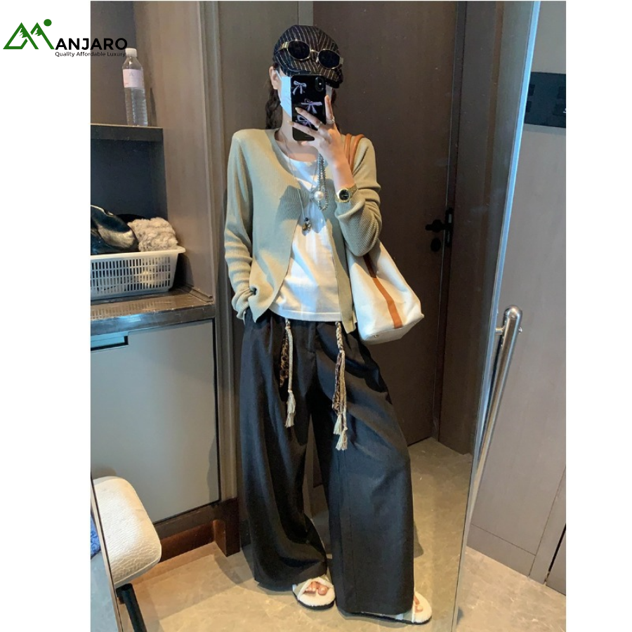 Moqi Belted Smart Commuter Pleated Wide-Leg Pants – Old-Money Relaxed Fit High-Waist Elegance – MQ0863(Shipping Fee Included)