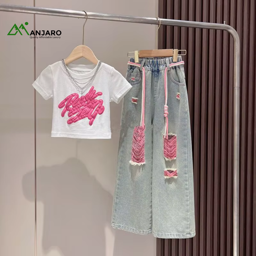 European Style Graffiti Short-Sleeved Girls Set – Black T-Shirt + Colorful Denim Ripped Pants for Daily Wear(Shipping Fee Included)