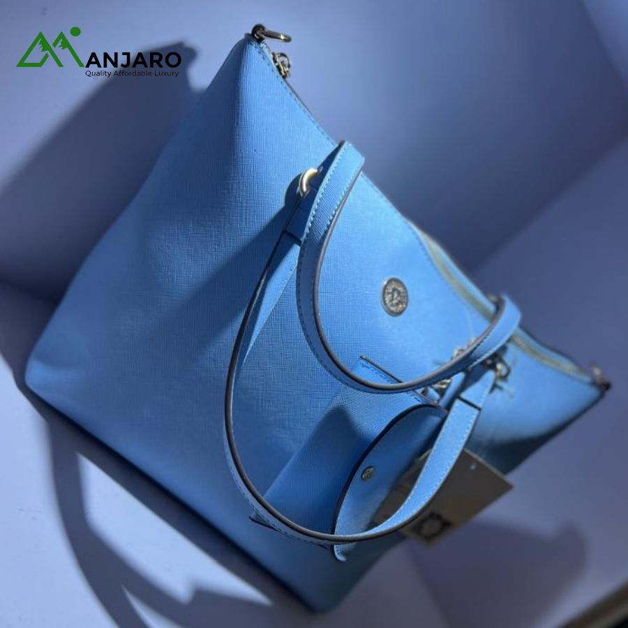 Light Blue Saffiano Style Large Tote Handbag – Spacious Commuter Purse with Contrast Trim & Crossbody Strap