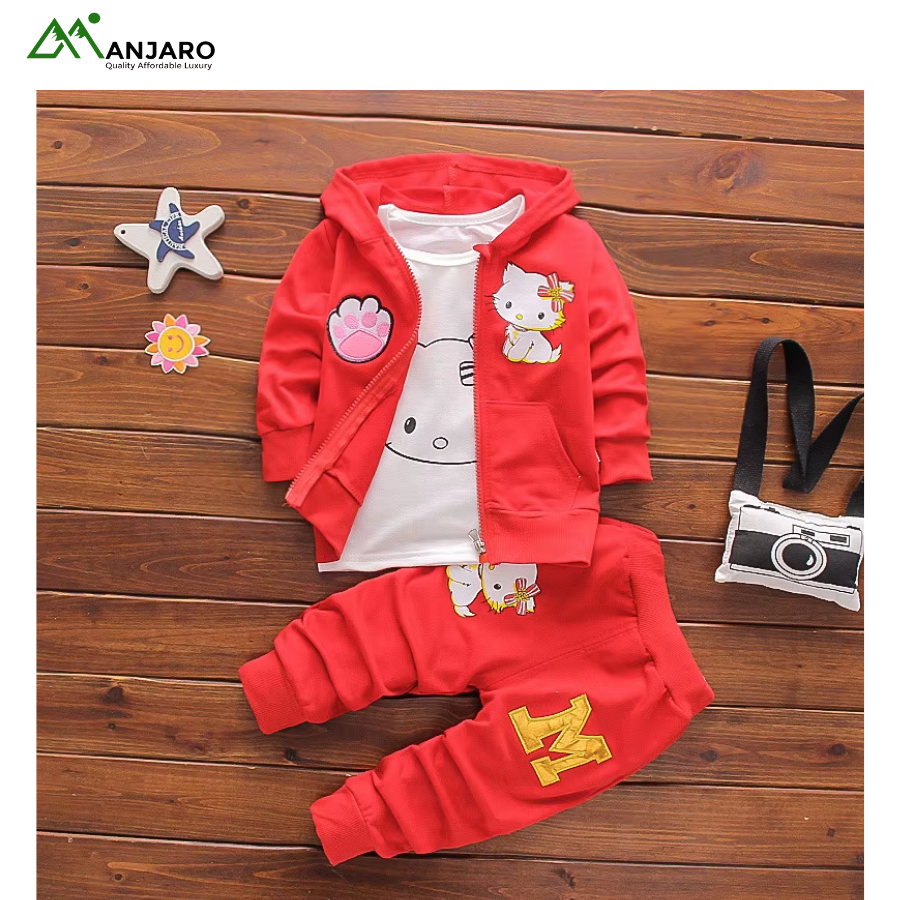 Baby Girls Cartoon Pullover Tracksuit Set – Sweatshirt, Jogger Pants & Hooded Coat | Soft, Cozy & Breathable(Shipping Fee Included)