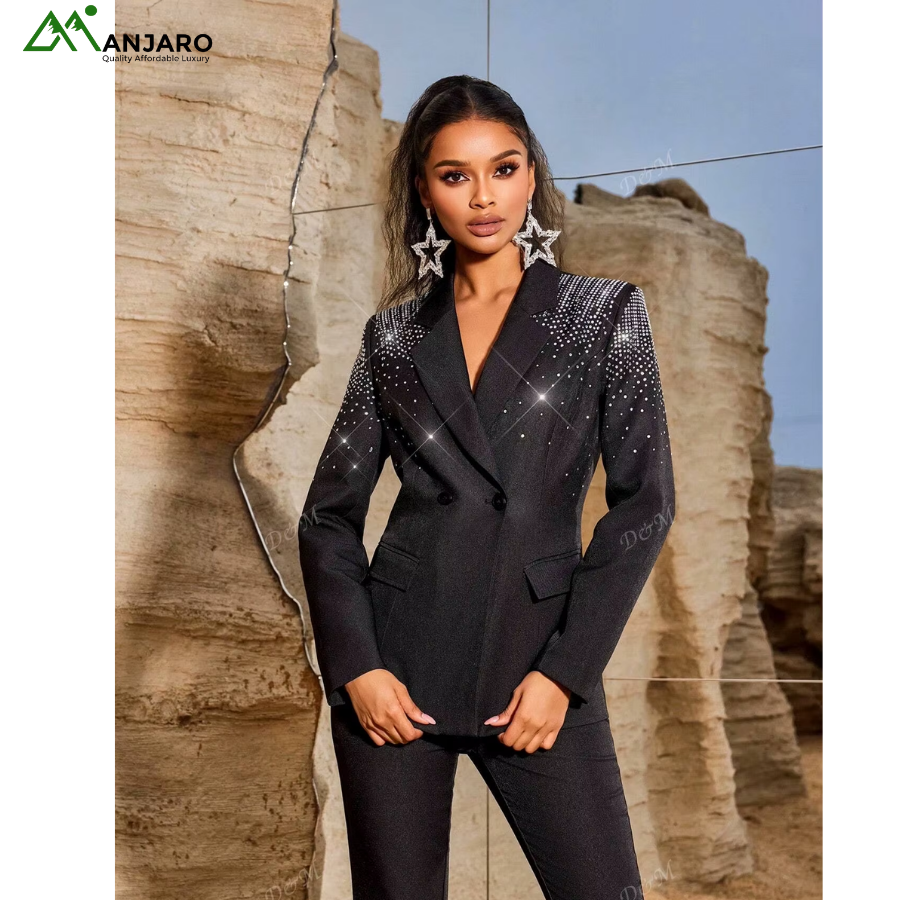D&M Women’s Sequin Slim Suit Set – Long Sleeve Stretch Blazer & Pants (Evening, Party & Office Two-Piece Suit)Shipping Fee Included