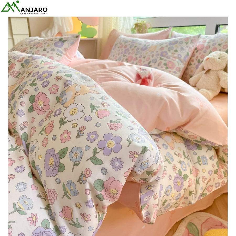 Heranna 100% Cotton Bed Four-Piece Set – Single Dormitory Bedding with Cartoon & Floral Design, Soft & Breathable(shipping fee included)