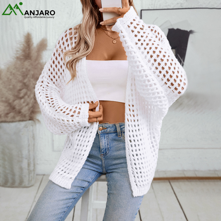 D&M Women’s Hollow Knit Sweater Cardigan – Loose Drop Shoulder Lantern Sleeve Ribbed Plaid Knit Open Top(Shipping Fee Included)