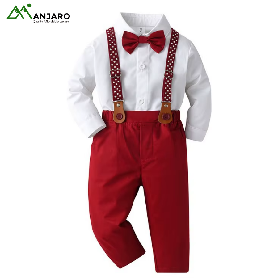 New Fashion Boy Kids Bow Tie Shirt & Pants 2-Piece Set – Long Sleeve Suspender Trousers, Gentleman Formal Suit (Shipping Fee Included)
