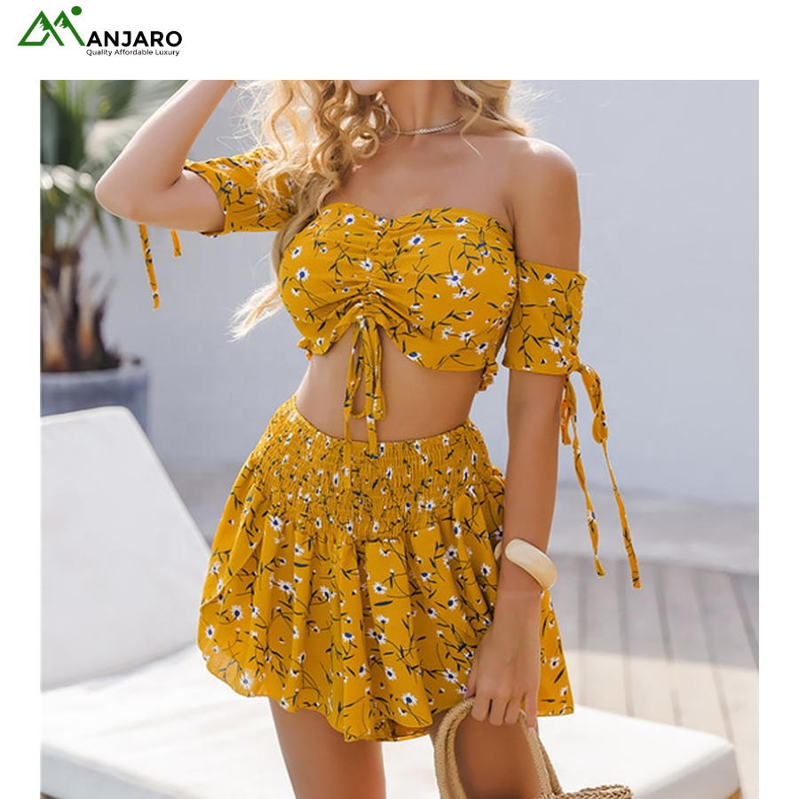 D&M Summer Sexy Off-Shoulder Floral 2-Piece Set – Strapless Crop Top & Pleated Above-Knee Skirt, Quick-Dry & Breathable Comfort(Shipping Fee Included)