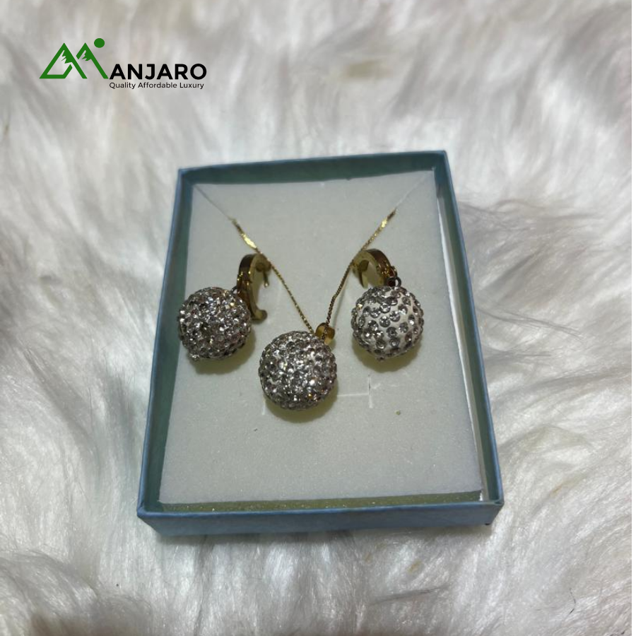 Gold-Tone Pave Crystal Ball Jewelry Set – Elegant Necklace & Earring Duo for Women