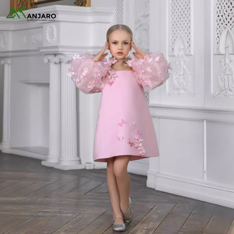 New Fashion A-line Floral Applique Haute Couture Latest Design Kids Clothes Long Puff Sleeves Birthday Party Flower Girl Dress(Shipping Fee Included)