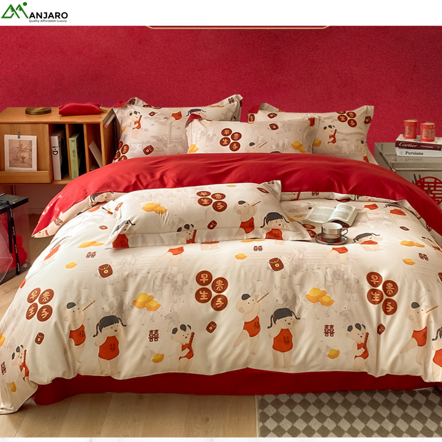 Zhuoying Red Festive Wedding Bedding Four-Piece Set – Luxury Floral Twill Quilt Cover & Sheets for Elegant Bedroom Styling(shipping fee included)