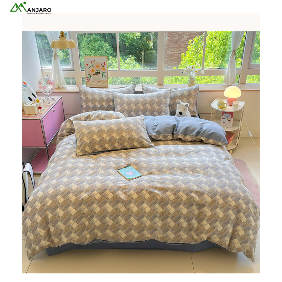 Nordic Thickened Sanded Cotton Four-Piece Bedding Set – Brushed Autumn/Winter Quilt Cover & Fitted Bed Sheets with Fresh Printed Designs(shipping fee included)