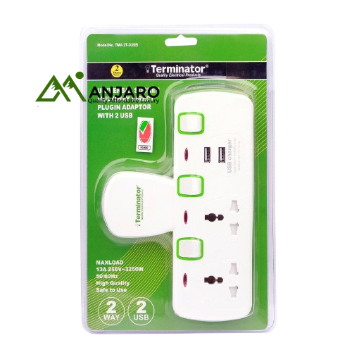 Terminator Multi Adaptor TMA 2T-2USB – 2-Way Universal T-Socket with USB, Individual Switches & 13A Plug