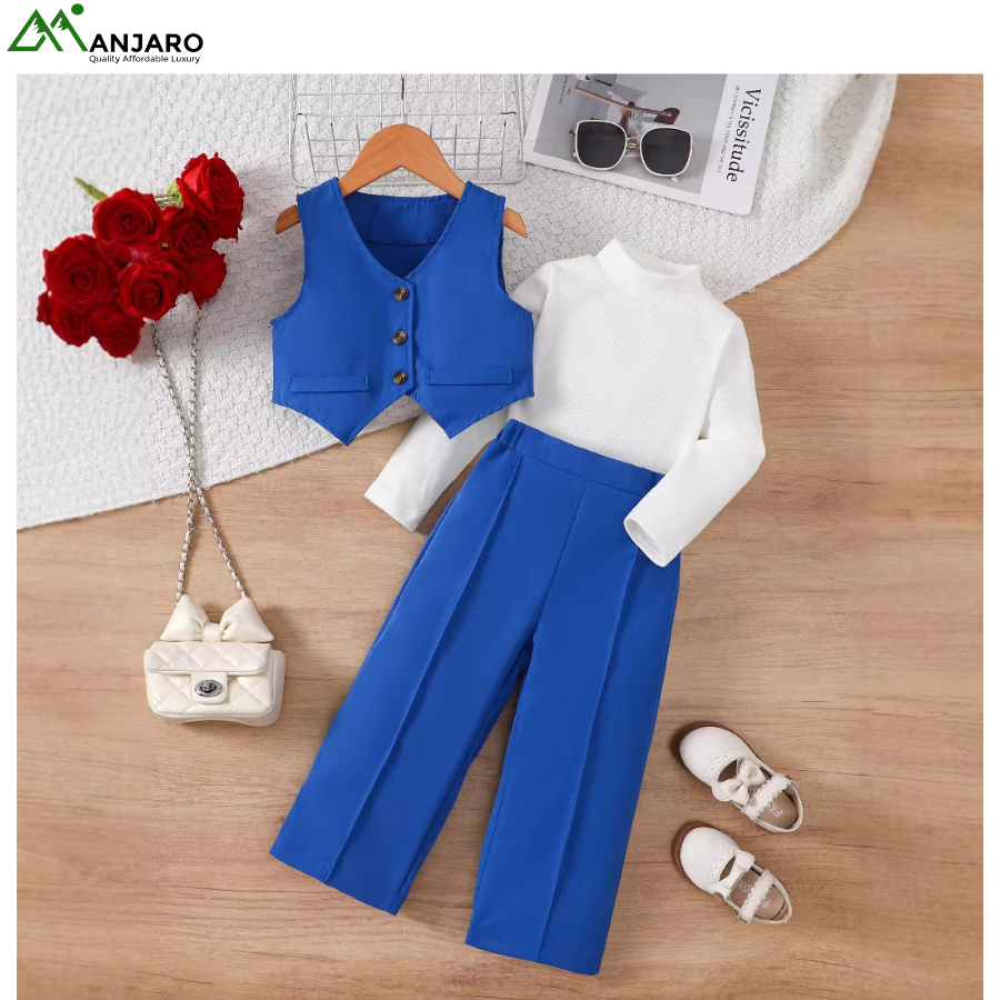 European Style Kids Clothing Set –  Long Sleeve Top + Loose Wide Leg Pants for Girls, Breathable Comfort(Shipping Fee Included)