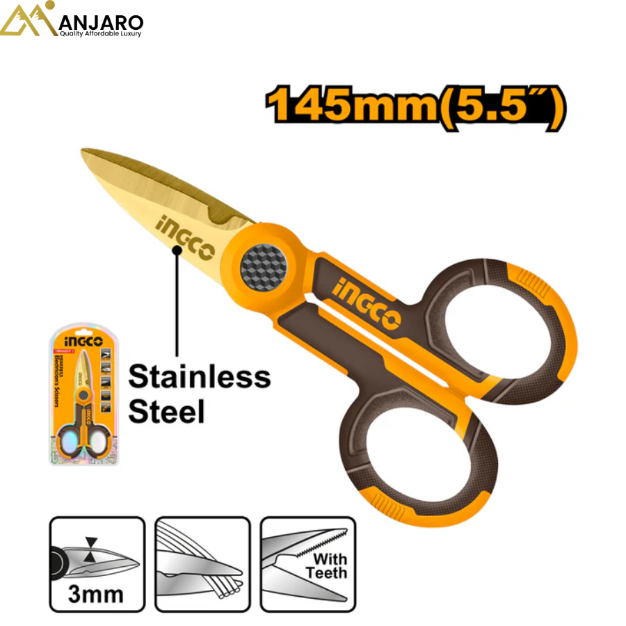 INGCO Electrician’s Scissors – 145mm Stainless Steel Cutting Tool HES02855