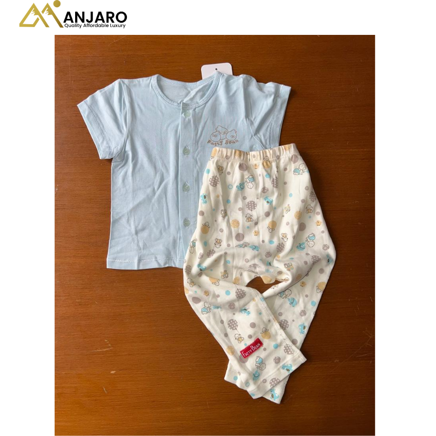 Fatty Bean Sky Blue Button-Down Top & Patterned Trousers – 2-Piece Set