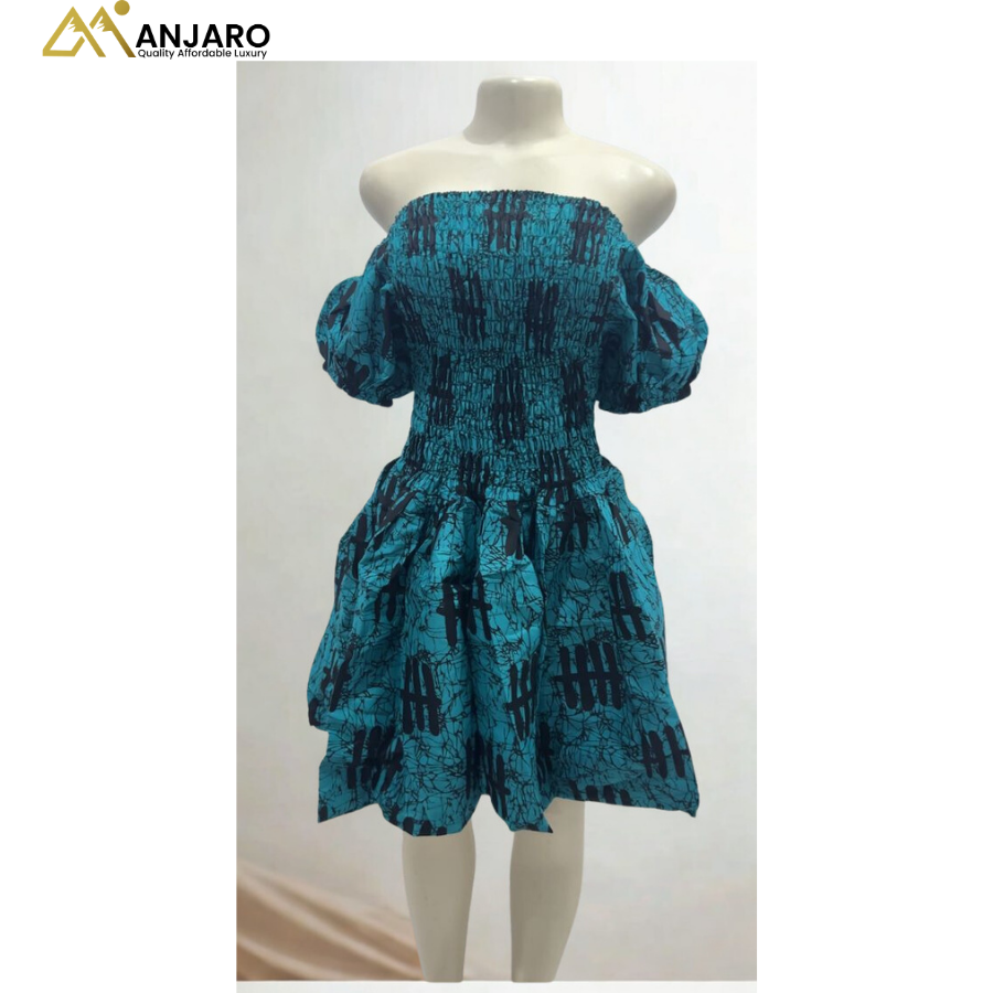 Off-Shoulder Smocked Mini Dress – Teal & Charcoal Crackle Batik