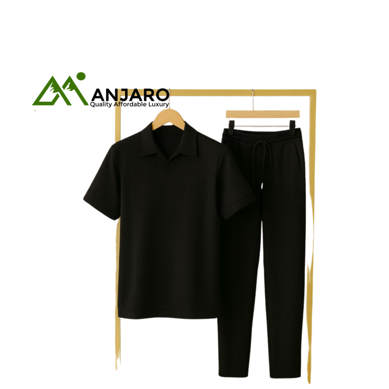 Men’s Black Set – Polo Shirt & Jogger Pants, Casual Comfort & Effortless Style