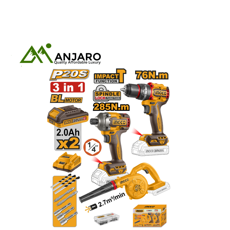 Ingco Cordless Combo Kit – 20V Impact Drill 76Nm + Impact Driver 285Nm + Blower with 2 Batteries COSLI250182