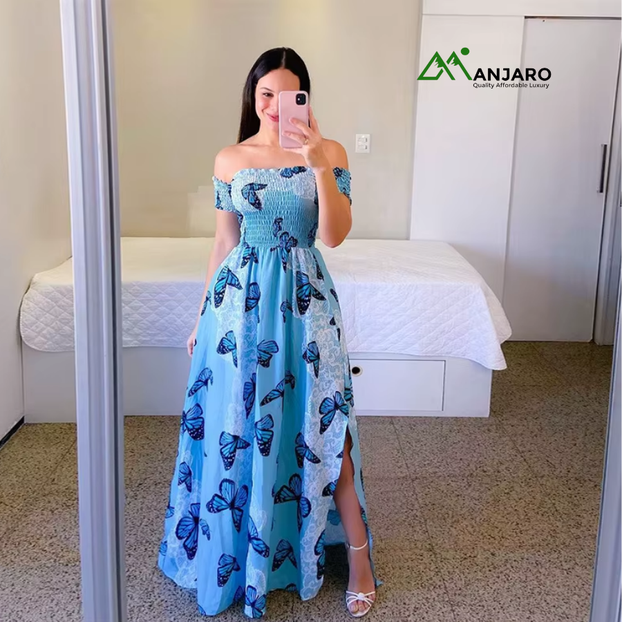 D&M Polychrome Plus Size Floral One-Shoulder Maxi Dress – Breathable Woven Fabric, Ruffled Pleated Design(Shipping Fee Included)