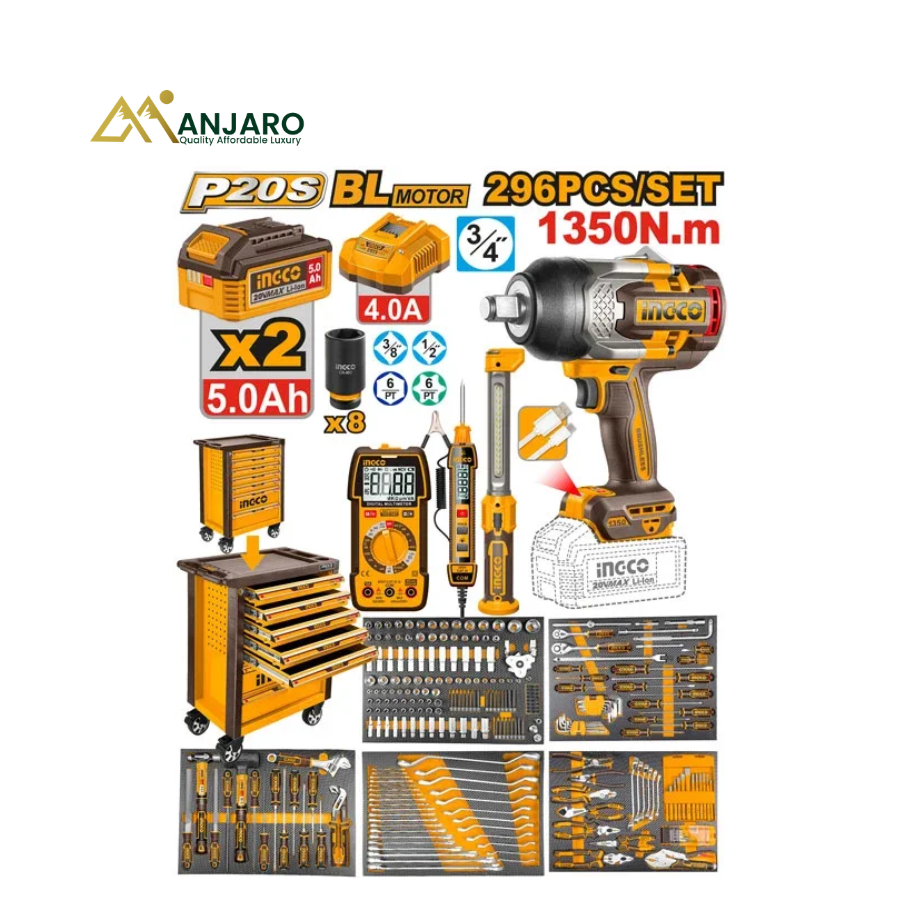 INGCO 296 Pcs Tool Chest Set – 20V Brushless 1350Nm Cordless Impact Wrench Kit with Complete Hand Tools HTCS282962