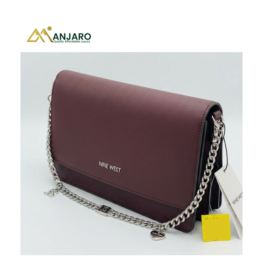 Nine West Maroon Saffiano Leather Chain Crossbody Bag – Women’s Designer Shoulder Bag