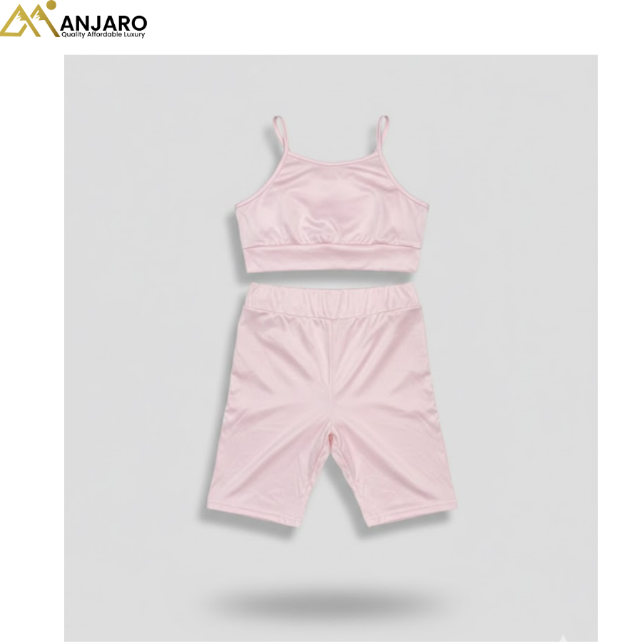 Girls Blush Pink Crop Cami & Biker Shorts Set – 2 Piece Active Outfit (Sizes 7–9 Years)