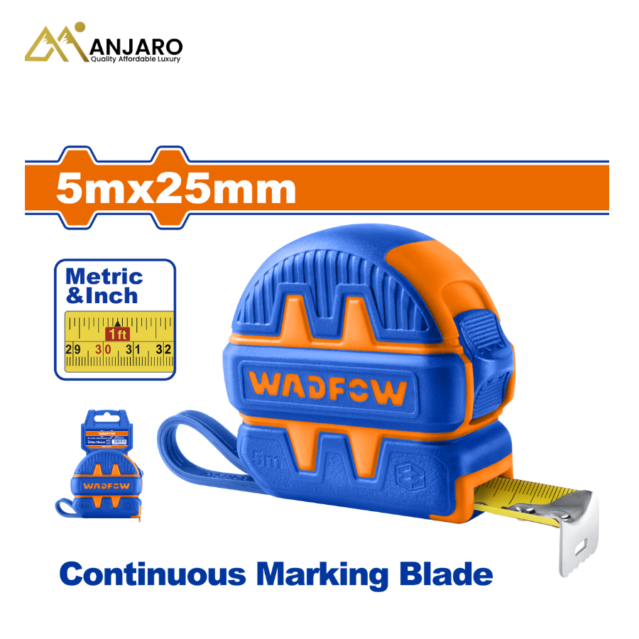 Wadfow Steel Measuring Tape – 5m x 25mm One-Button Metric & Inch WMT1230