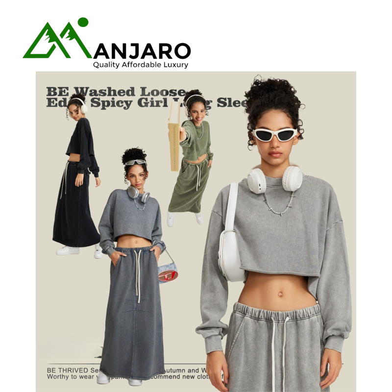 BE Women’s Clothing | 2025 Autumn/Winter Washed Rough-Hem Long-Sleeve Crop Top (Shipping fee included)