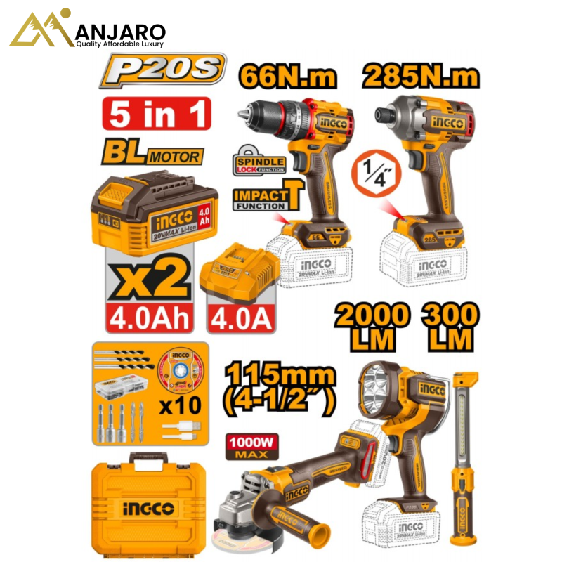 INGCO Cordless Combo Kit – 20V (5pcs)  COSLI250692