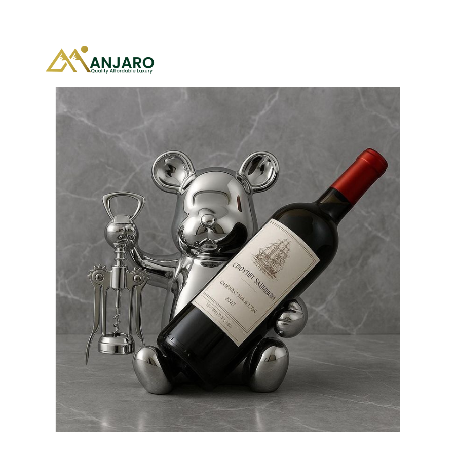 Bear Wine Bottle Holder & Corkscrew Opener Set – Chrome Silver – Decorative Wine Accessory