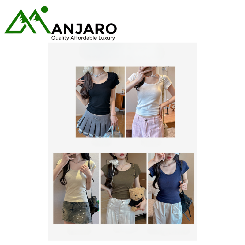 Women’s Ribbed Round Neck Short-Sleeved T-Shirt (Shipping Fee Included)