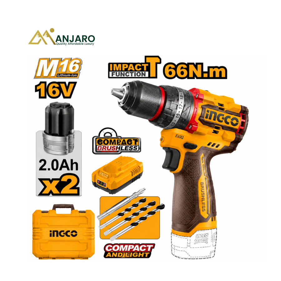 Ingco Compact Brushless Cordless Impact Drill – 16V 66Nm Professional Hammer Drill  CIDLI166062