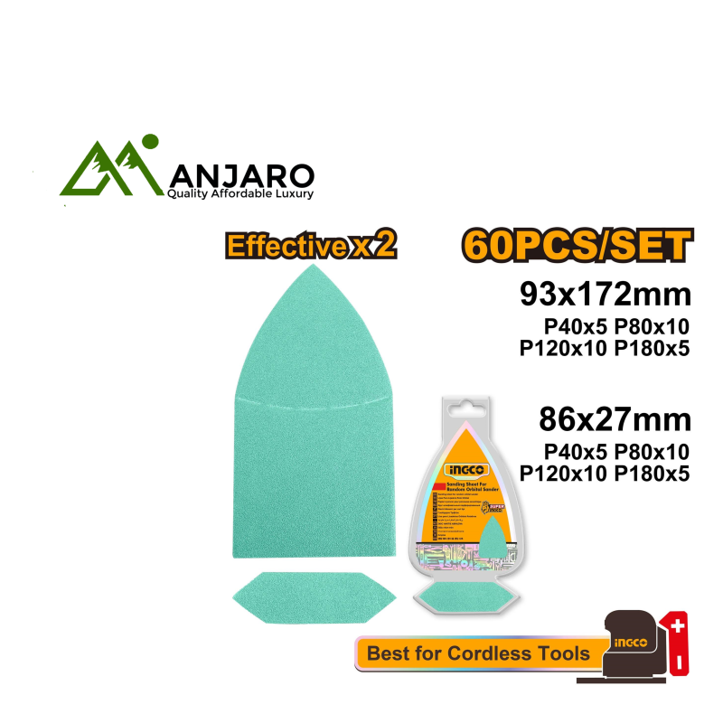 AKTS938660 – 60 Pcs Sanding Sheet Set (93×172mm & 86×27mm) | Multi-Grit P40–P180 for Wood, Metal, and Paint Finishing