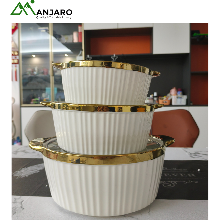 Set of 3 Luxury White Ceramic Serving Dishes | Gold Trim & Handles, Fluted Design | Stackable Casserole Bowls