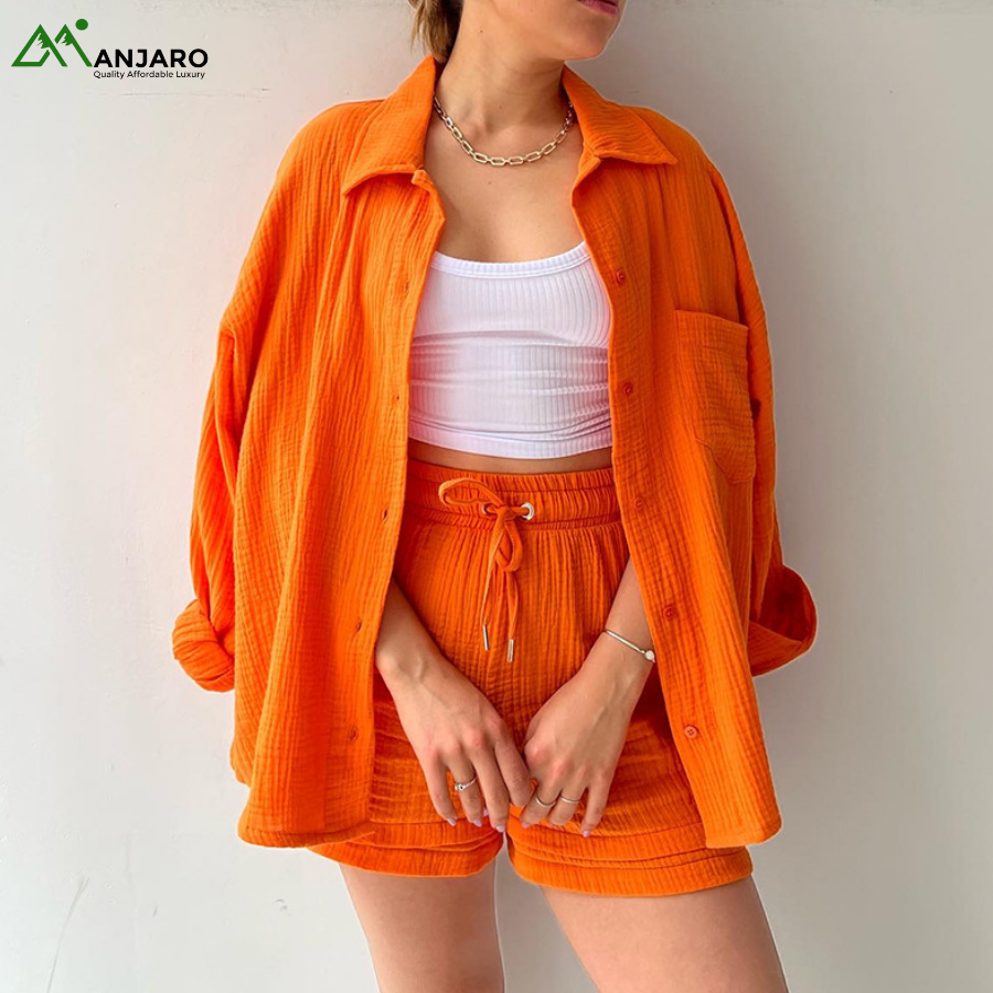 D&M Women’s Summer Casual Suit Set – Long-Sleeved Shirt & High-Waisted Drawstring Shorts, Breathable & Quick-Dry(Shipping Fee Included)