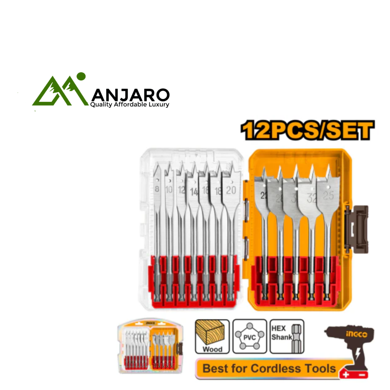 AKDL1206 12 Pcs Flat Wood Drill Bits Set – 1/4" Hex Shank, 152mm Length for Fast Precision Wood Drilling