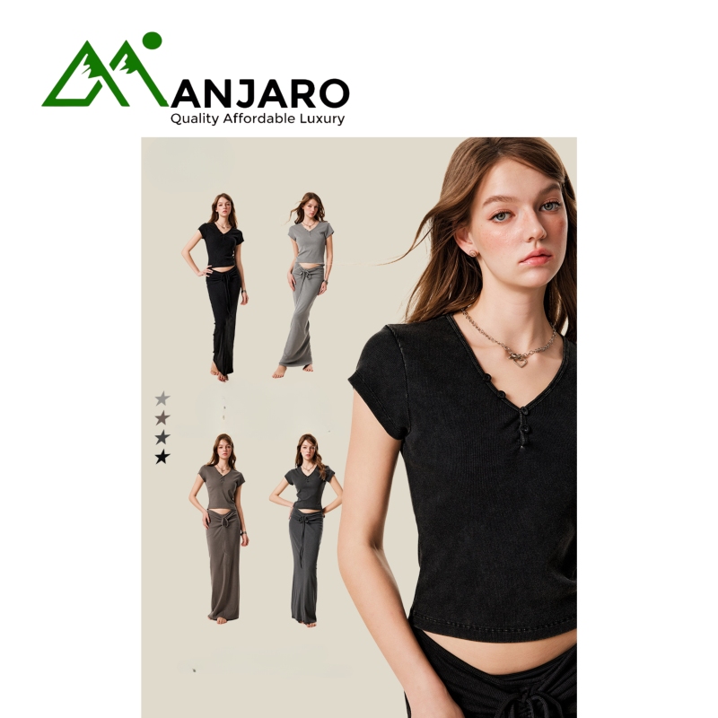 BE Women's Clothing Summer Retro Button V-Neck Short-Sleeved T-shirt (Shipping fee included)