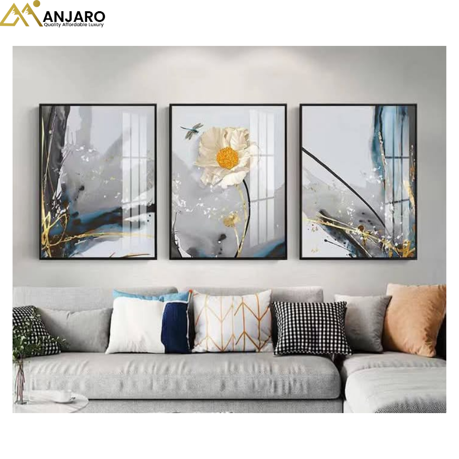 Modern Abstract Floral Wall Art – 3-Piece Framed Canvas Set (Grey, White & Gold Accents)